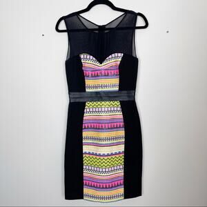 MILLY Size 4 Malhia Striped Aztec Sheath Dress Cocktail Black Neon Pink Yellow